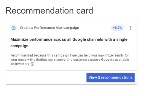 an example of a "referral card" for creating a PMax campaign in Google Ads campaign optimizations