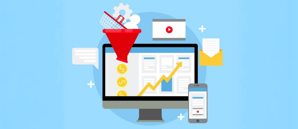 Graphics with technology, statistics and marketing funnel