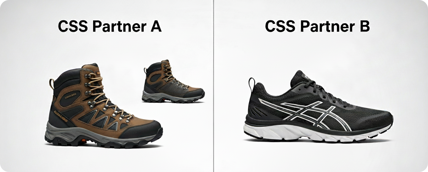 functional promotion of products by CSS partners, where CSS partner A displays hiking shoes and CSS partner B displays running shoes